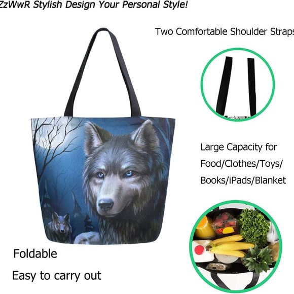Full Moon Night Wolf Print Extra Large Canvas Shoulder Tote Top Storage Handle B - Picture 3 of 6